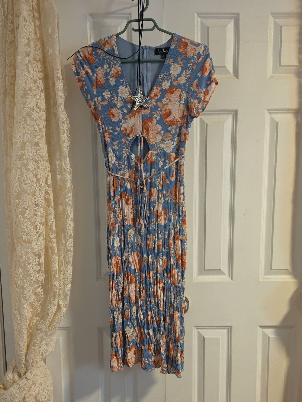 Lulu's Blue Floral Midi Dress with Orange Blooms